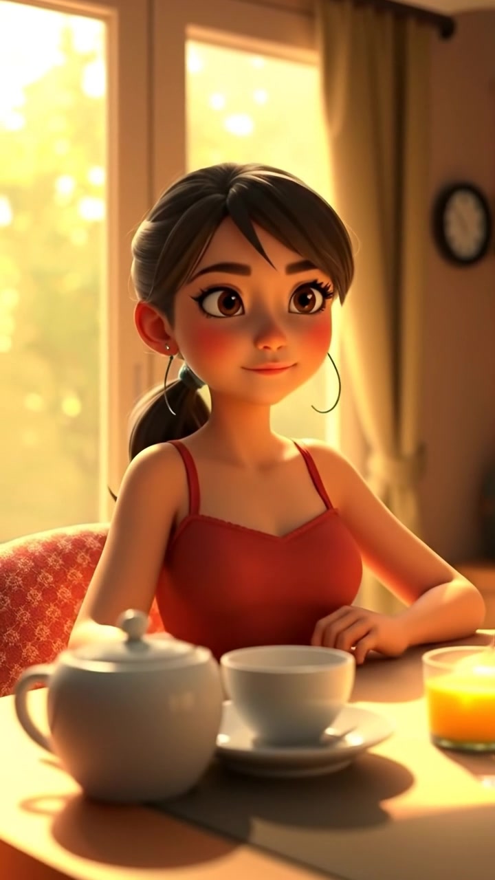 A 3D animation of Mei sitting at a breakfast table, bathed in natural sunlight streaming through a window, creating a serene morning scene with soft shadows and warm tones. The camera slowly zooms in to capture the peaceful moment, accompanied by gentle ambient morning sounds.