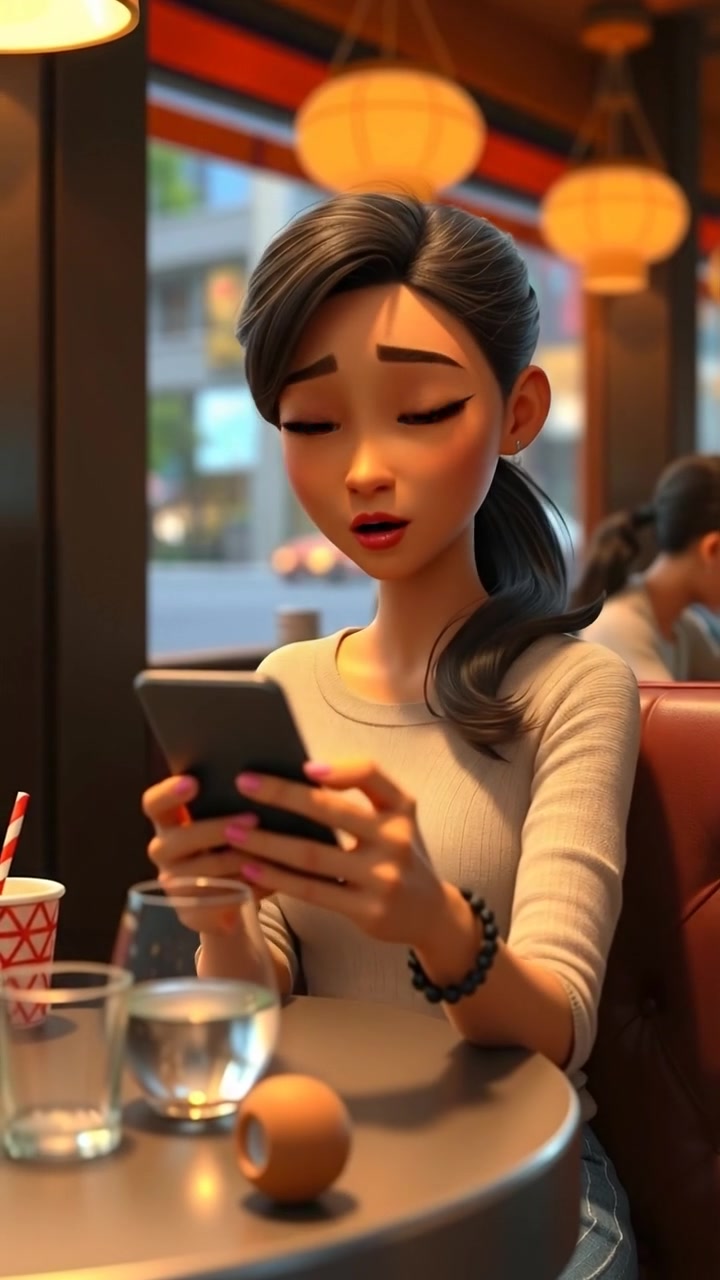 A 3D animation of Mei seated in a cozy café, her expression surprised as she gazes at her phone, with soft warm lighting illuminating her face. The scene features detailed textures, gentle camera tilts, and an inviting atmosphere. The background audio features ambient café sounds and muted conversations.