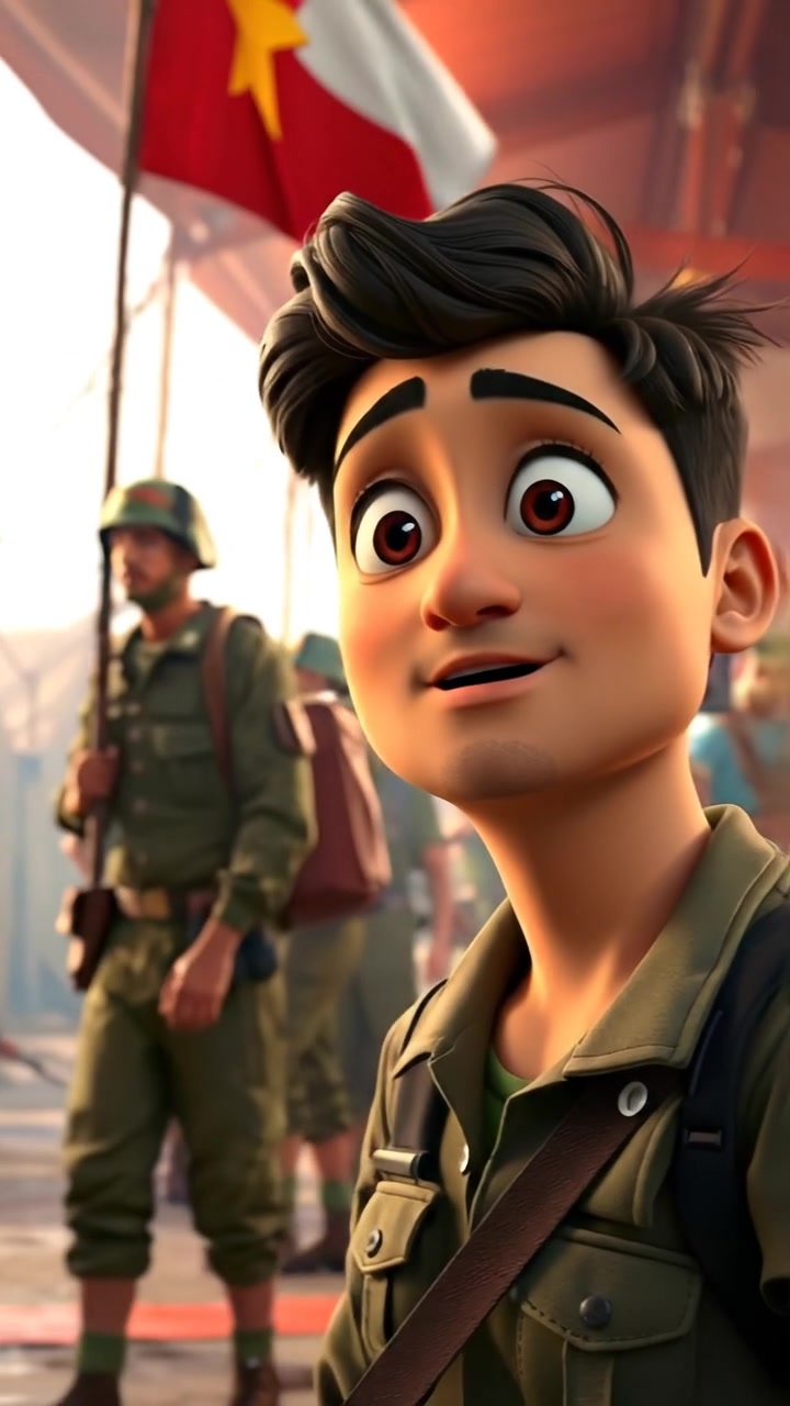 A 3D animated scene of Mateo arriving at an army camp, with a look of surprise on his face, surrounded by a busy, lively military environment. Natural lighting highlights the detailed activity, smooth camera dolly shot capturing the bustling scene. The background features distant tents and soldiers. The audio features distant marching and camp chatter.