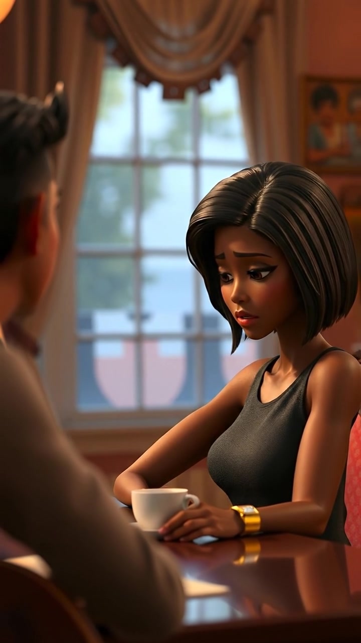 A 3D animated scene featuring Monique seated at a table with a worried expression, gazing downward and avoiding eye contact, rendered with high detail and soft lighting, capturing a tense atmosphere with a gentle camera zoom. The background features a dimly lit room. The audio features subtle ambient sounds of a quiet room.