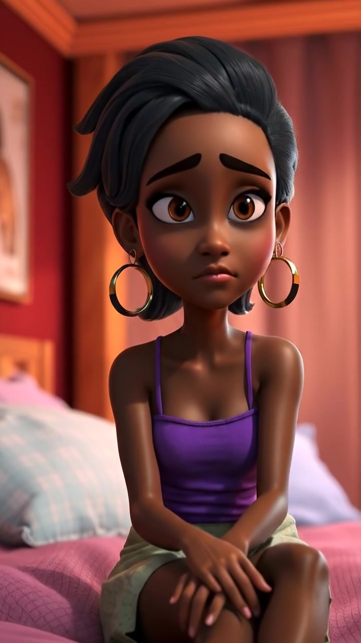 A 3D animation of Monique sitting on a bed, looking weary with a somber expression. Soft, natural lighting bathes the scene, camera gently zooms in, emphasizing her emotional state. The background features a dim, cozy bedroom with warm tones. The audio features subtle ambient sounds of a quiet room.