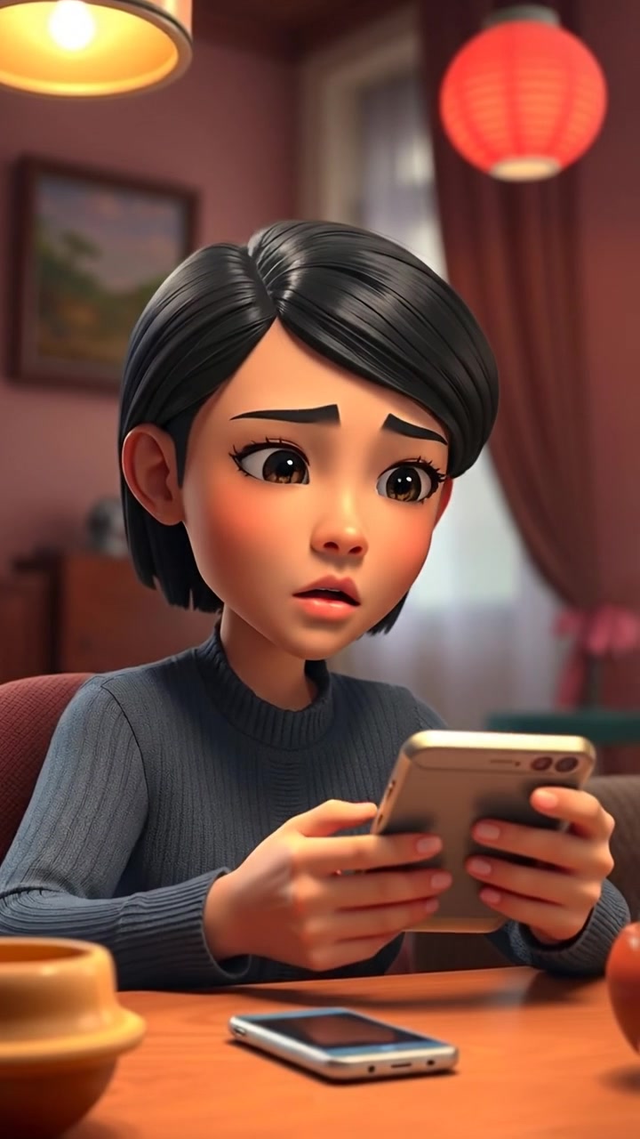 A 3D animation of Li looking skeptically at her phone, examining a strange message with a thoughtful expression. The scene features soft, natural lighting with high detail and smooth camera movement, capturing her contemplative mood. The background has a cozy, slightly dim ambiance. The audio features subtle ambient sounds.