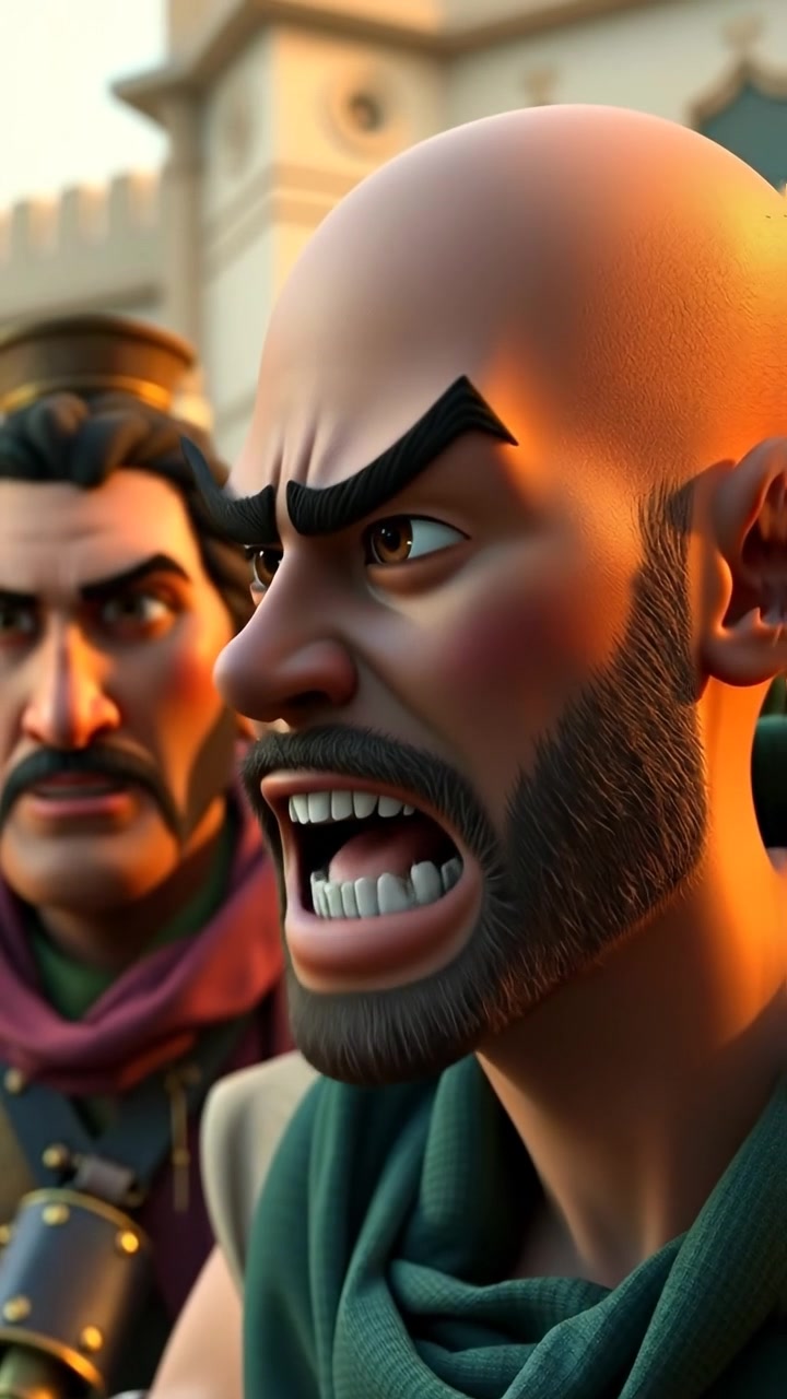 Close-up of Carlos's face with an arrogant expression, shouting at the Israelite army in a dynamic 3D animation style. Natural lighting emphasizes sharp facial features, with smooth camera movement capturing intense emotion. Background audio features tense orchestral music.