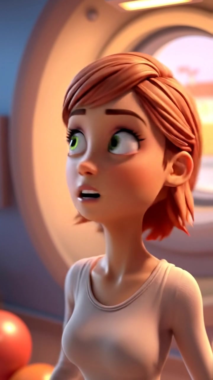 A 3D animated scene of Emma with wide eyes, gasping in surprise, looking around with heightened emotion. Soft, diffused lighting enhances the expressive facial features; smooth camera tilt captures her reaction dynamically. The background features a softly blurred environment. The audio features subtle ambient sounds of a gentle breeze.