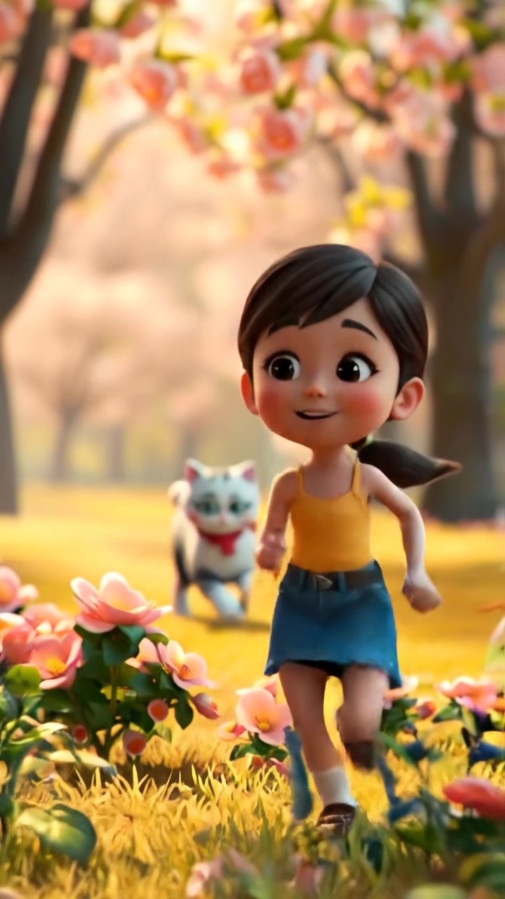 A 3D animated scene of Mei running happily through a vibrant park, surrounded by blooming flowers under soft sunlight, with smooth camera motion capturing her joyful expression and the lush scenery, gentle breeze rustling leaves. The background features cheerful bird songs and rustling foliage.