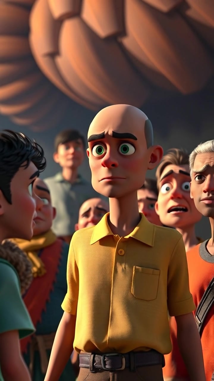 A 3D animated scene of frightened villagers with worried expressions, gazing anxiously at Carlos, set against a rustic village backdrop. Natural warm lighting highlights their faces, with smooth camera movements capturing the tense atmosphere. The background features a soft, ambient sound of distant wind and wildlife.
