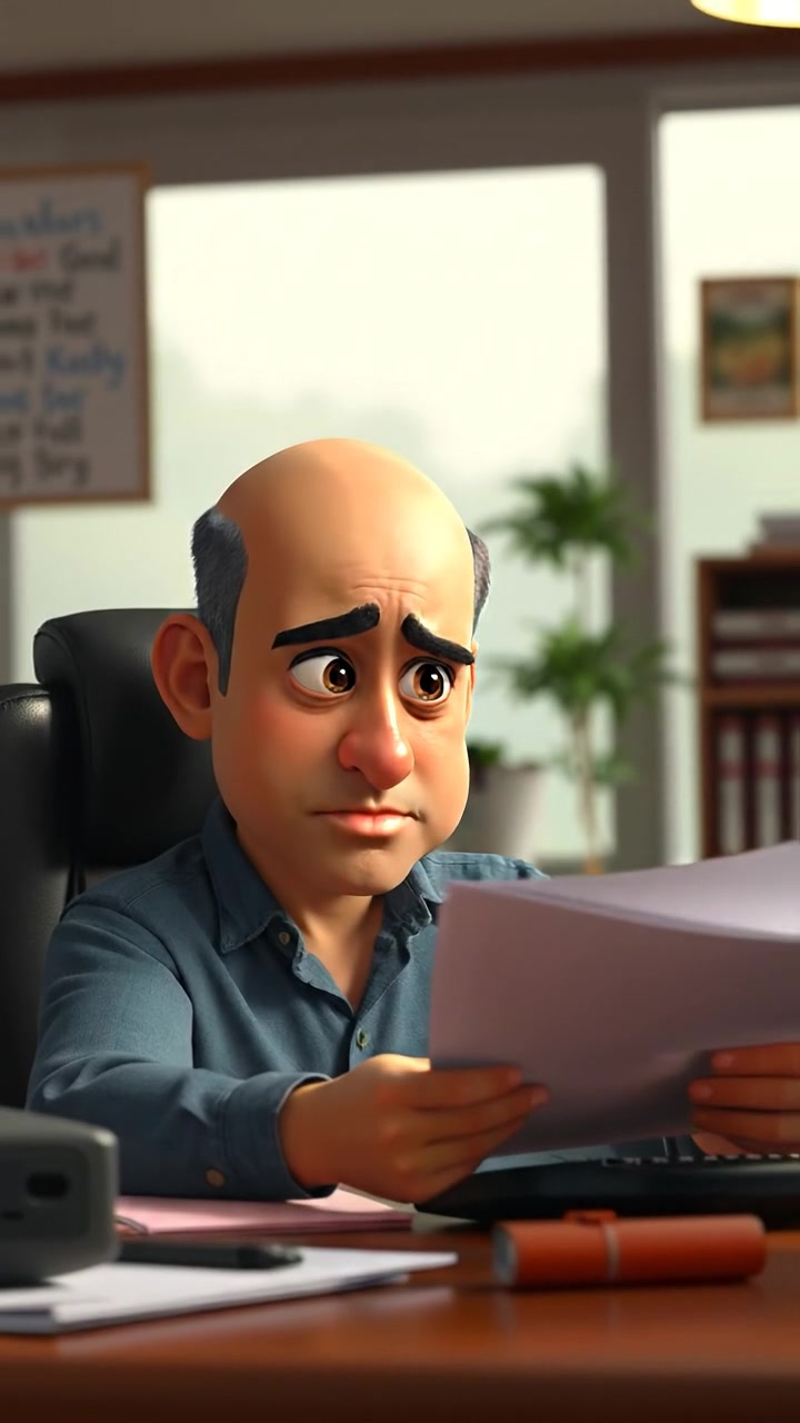 A 3D animation of Carlos sitting at a desk, examining a stack of papers with a worried expression, bathed in soft natural lighting, with smooth camera movement that slightly zooms in to emphasize his concern; the background features a tidy office environment with warm tones. The audio features subtle ambient office sounds.