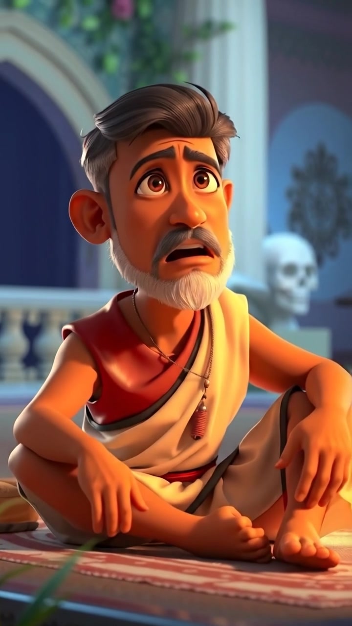 A 3D animated scene of the Raj sitting on the ground, his expression filled with regret, illuminated by soft, natural lighting. The camera gently zooms in with smooth motion, emphasizing his introspective mood against a calm, neutral background. The background audio features subtle ambient sounds of a quiet breeze.