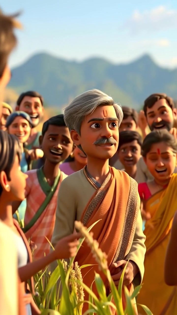 A lively scene of villagers in a vibrant 3D animation style, gathered in a lush field, laughing and pointing towards Raj. The setting features warm sunlight, detailed textures, and smooth camera movement capturing their joyful reactions. The background features a serene, expansive landscape with soft ambient sounds of nature and cheerful village life.