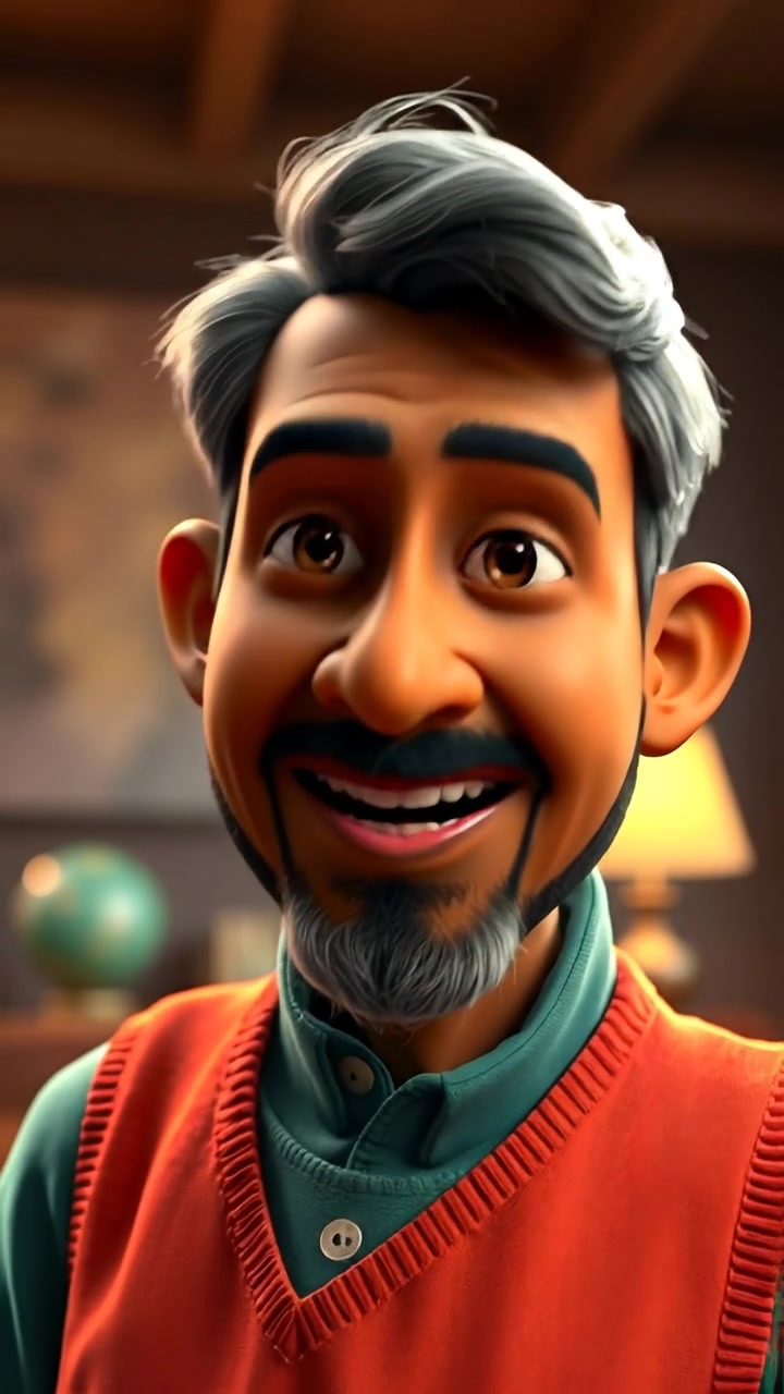 A 3D animation of Raj smiling with a wise expression, as he begins to narrate his story, captured in soft, warm lighting with smooth camera movement. The background features a subtle, blurred environment emphasizing his facial expression. The audio features calm, ambient background music.