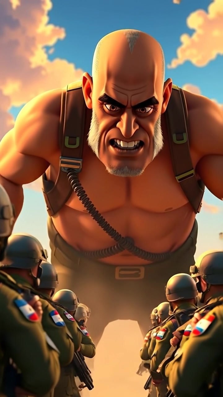 A towering 3D animated figure named Carlos looms fiercely over Israeli soldiers in a dramatic, high-detail scene. Natural lighting emphasizes intense expressions, with smooth camera motion capturing the confrontation. The background features a rugged battlefield under an overcast sky. The audio features tense ambient sounds.