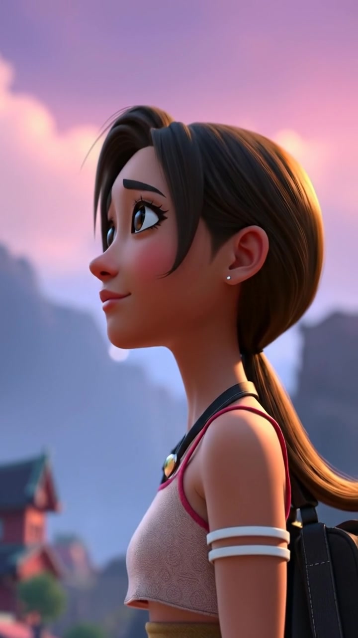 A 3D animation scene of Mei gazing into the distance with a longing expression, illuminated by soft, natural lighting with smooth camera motion capturing her thoughtful moment. The background features a gently blurred, serene landscape under a warm, ambient sky. The audio features gentle wind sounds.