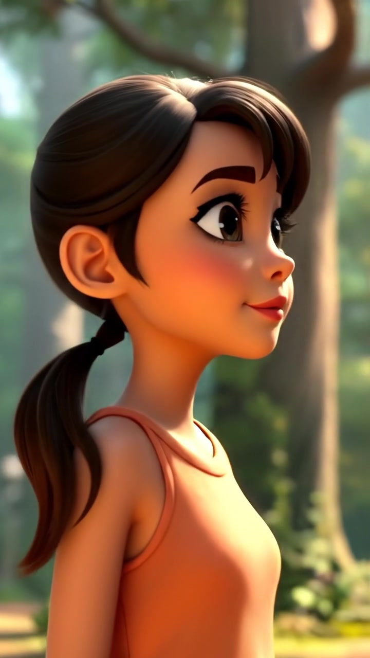 A 3D animation of Mei standing contemplatively in front of a lush forest, gazing thoughtfully at the towering trees. Soft natural lighting highlights her curious expression amid vibrant green foliage, with gentle camera zoom and smooth movement. The background features calming forest sounds.