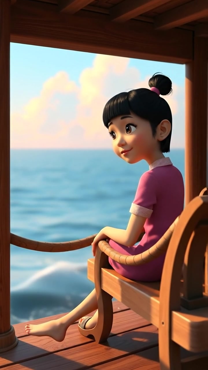 A serene 3D animation of Li sitting on a weathered wooden bench by the tranquil sea, gazing thoughtfully into the distance as gentle waves ripple under a soft overcast sky. The scene features natural, warm lighting, smooth camera motion, and high detail. The audio features calming ocean waves in the background.