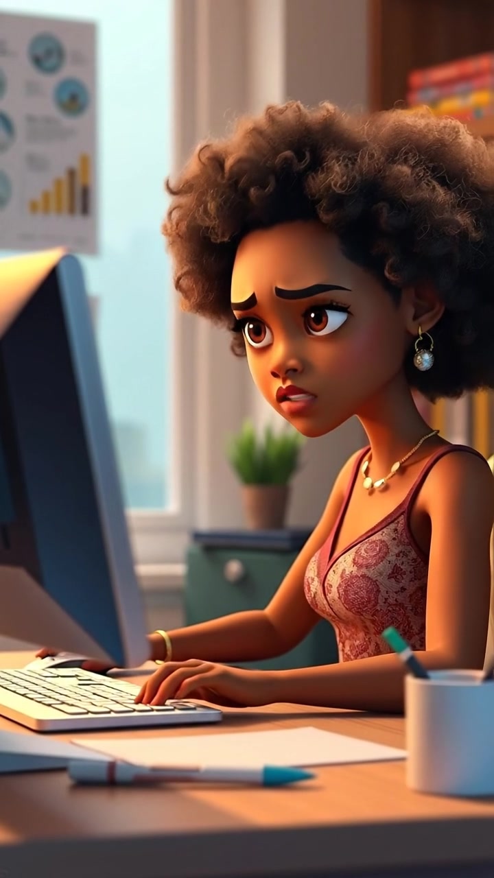 A frustrated Nia sitting at her desk staring at her computer screen in a detailed 3D animation style, with warm indoor lighting, soft shadows, and smooth camera focus on her expressive face, capturing a moment of concentration and annoyance. The background features a modern office with subtle textures. The audio features gentle ambient office sounds.