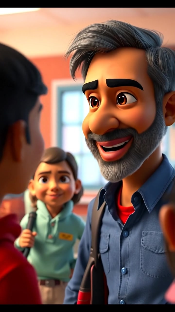 A 3D animated scene of Raj smiling warmly and engaging with classmates in a lively classroom setting, illuminated by natural lighting with warm tones, capturing smooth camera movements that highlight his charming personality and interactions. The background features a vibrant educational environment. The audio features light ambient classroom sounds.