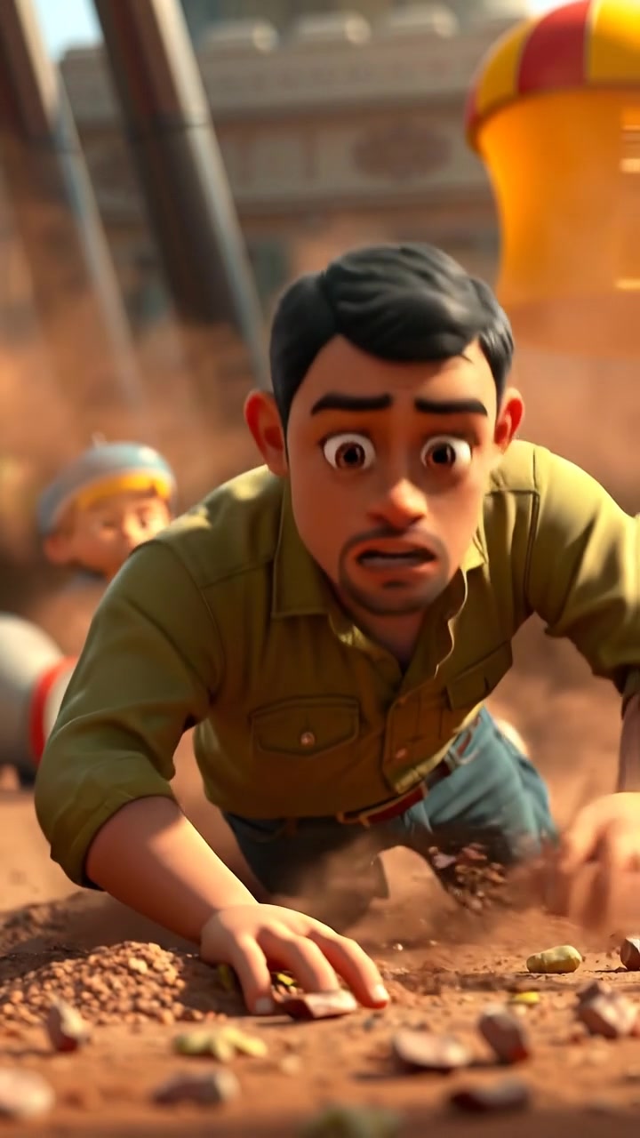 Carlos in a 3D animated style falling dramatically to the ground with a shocked expression, dust swirling around him under dynamic, natural lighting. Smooth camera movements capture the intense moment against a neutral background, with ambient sounds of dust and quick breathings.
