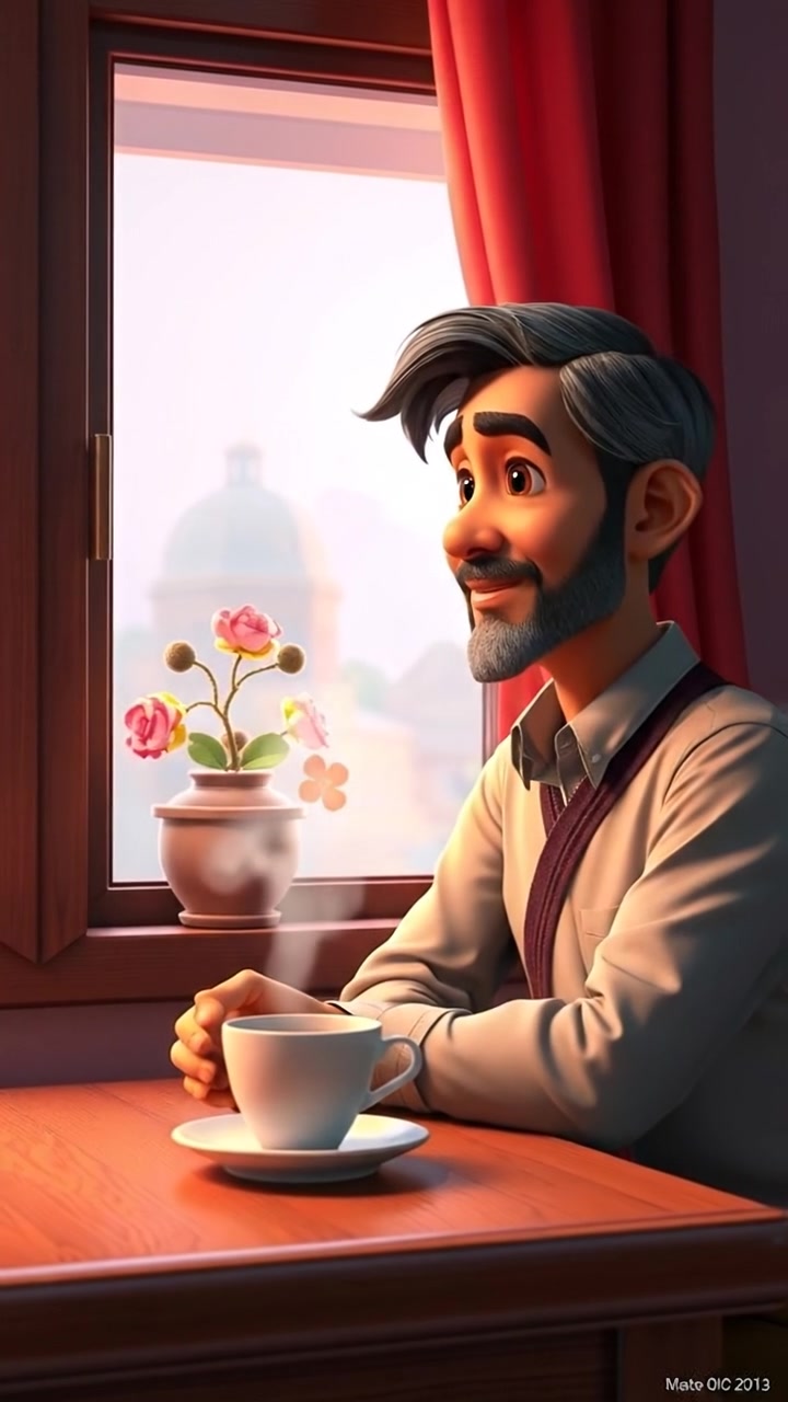 A 3D animated scene of Raj sitting alone at a rustic wooden table, gazing thoughtfully out of a window with soft natural lighting and warm tones, a steaming cup of tea in front of him, capturing a serene, introspective moment. The background features a peaceful outdoor view, with soothing ambient sounds of gentle outdoor breeze.