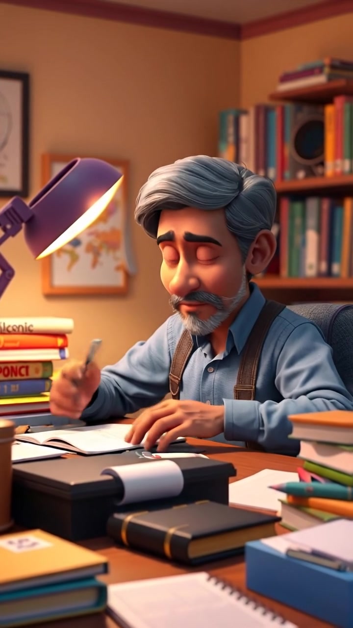 A 3D animation of Raj sitting at a desk, diligently finishing homework amidst scattered papers and books, captured with a soft, warm lighting and a smooth camera dolly shot. The background features a cozy room with gentle ambient light. The audio features subtle pen scratching and page turning sounds.