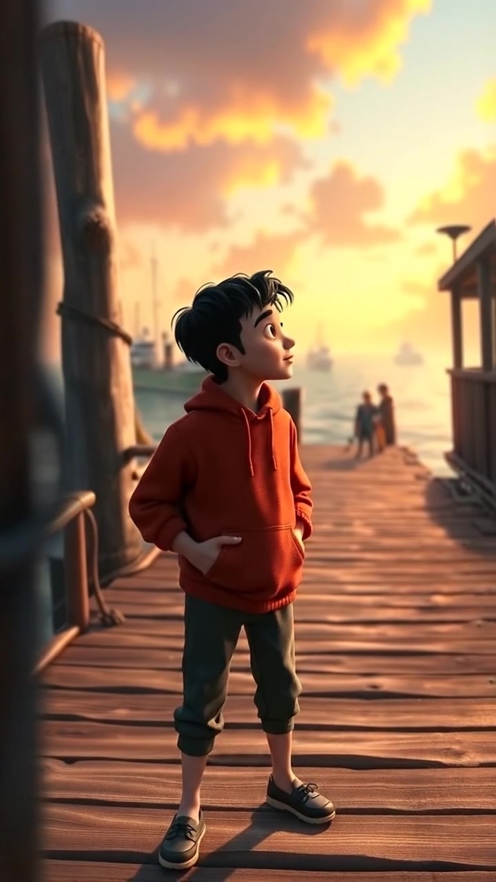 3D animated scene of Ken standing on a wooden dock, gazing at distant ships on the horizon with a determined expression. Natural lighting, high detail, smooth camera movement capturing the expansive seascape backdrop. The background features gentle ocean waves and a soft breeze. The audio features ocean waves in the background.
