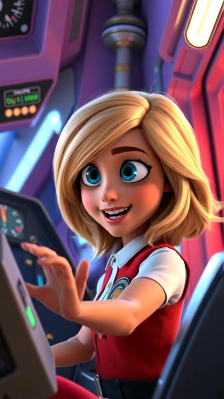 A focused and excited Ashley in a high-tech cockpit, engaging with a sleek control panel. The scene is rendered in detailed 3D animation with dynamic camera movement, soft ambient lighting, and a cinematic feel. The background features a futuristic spaceship interior. The audio features subtle electronic hums and control beeps.