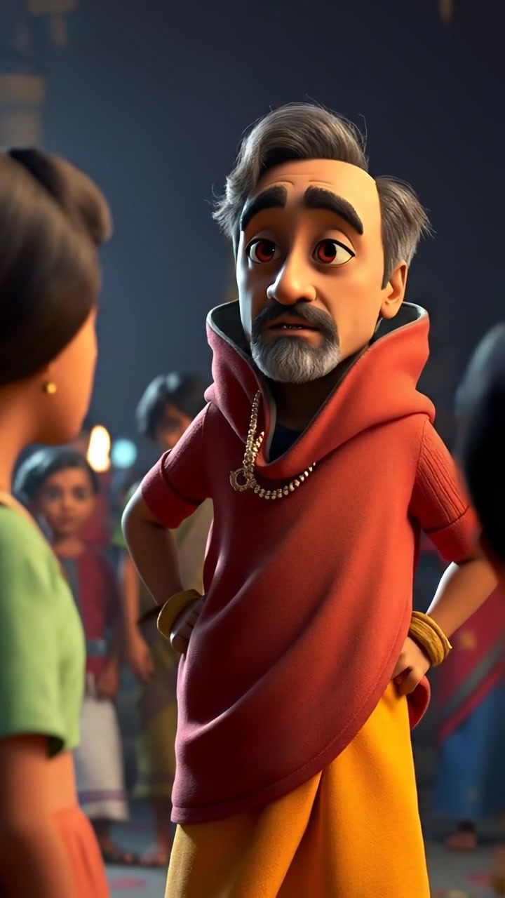 A 3D animation of Raj standing firmly, listening intently to villagers, with a serious expression, under warm natural lighting, capturing high detail and smooth camera movement. The background features a rustic village scene with soft shadows, creating an immersive atmosphere. The audio features gentle village sounds.