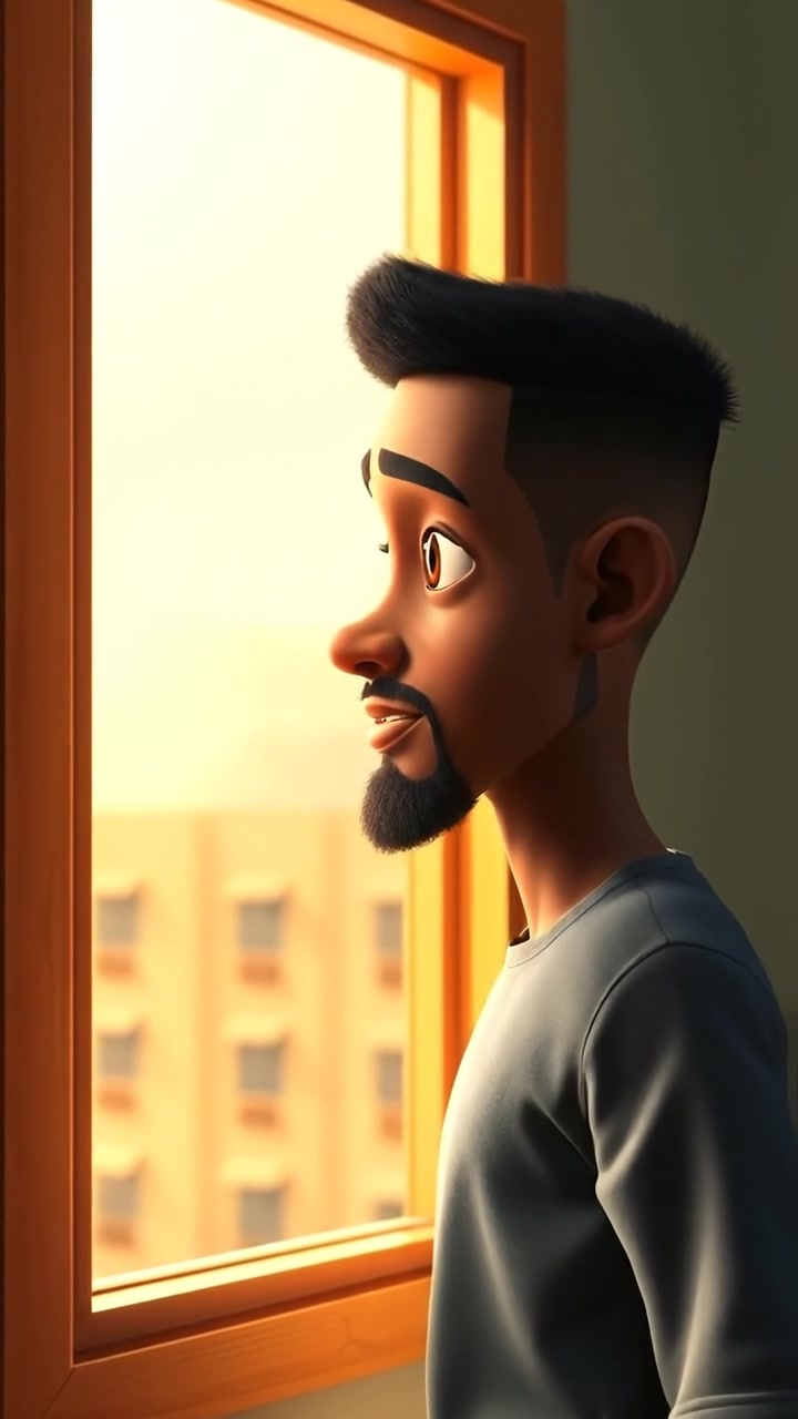 A 3D animated scene featuring Isaiah standing by a large window, gazing outward with a pensive expression. The environment is softly lit with warm tones, emphasizing contemplative mood, gentle camera zooming in with smooth motion. The background audio features a calm, ambient tune.