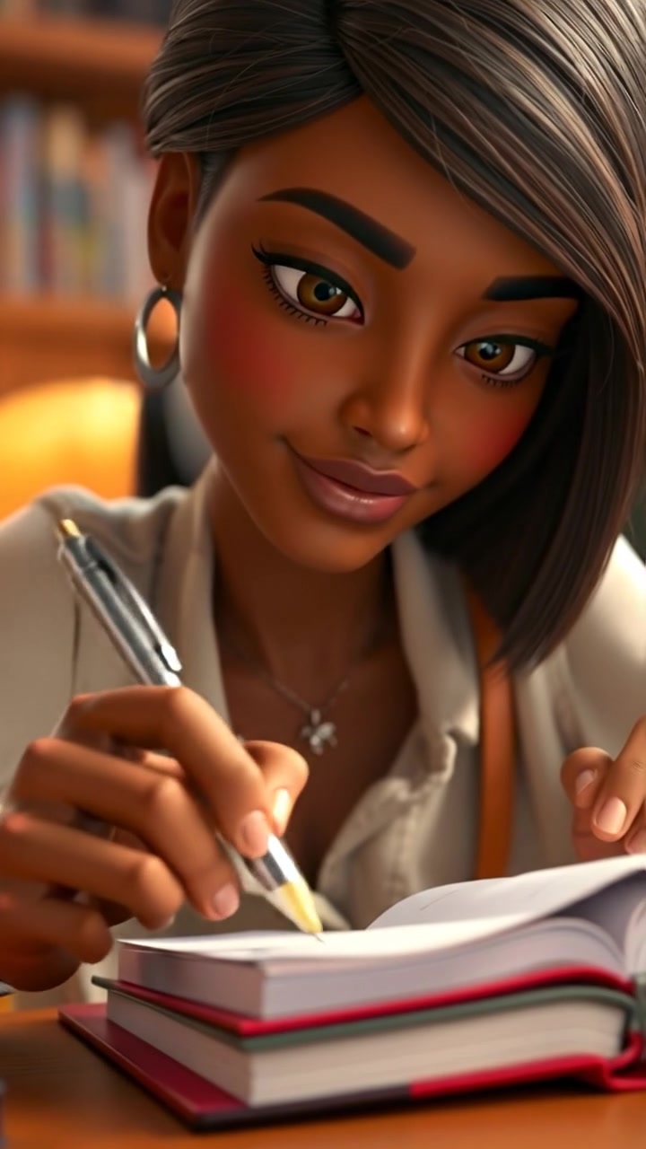 A close-up of Monique's hands writing in a notebook, captured in a detailed 3D animation style, with soft natural lighting and smooth camera focus emphasizing her purposeful gesture, set against a subtle, softly blurred background. The audio features gentle pen strokes and ambient workspace sounds.