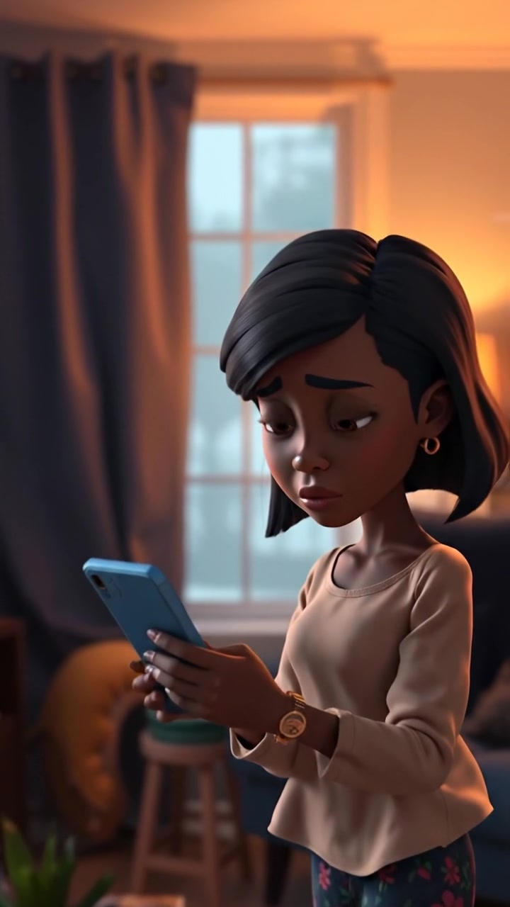 Monique, looking worried, stands in her dimly lit living room with a phone in hand. The scene features soft shadows, warm ambient lighting, and smooth camera movement to enhance the emotional tension. The background audio features subtle street noise and a ticking clock, in a 3D animation style.