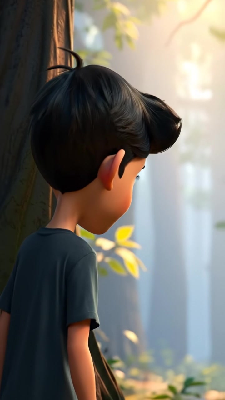 A 3D animation of Amir standing at the edge of a whispering forest, gazing inside with curiosity. Bright, natural lighting highlights the lush greenery and detailed foliage, with smooth camera zoom-in revealing mysterious depths. The background features gentle rustling leaves and ambient forest sounds.