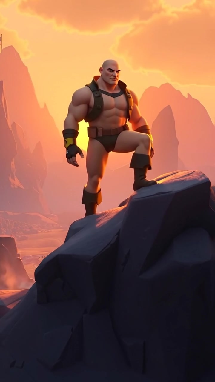 A commanding 3D animated figure of Carlos standing on a rugged rocky outcrop, his imposing presence casting a long shadow over the sprawling battlefield below. The scene is lit with natural, warm lighting, highlighting intricate details and smooth camera movements. The background audio features distant battlefield sounds.