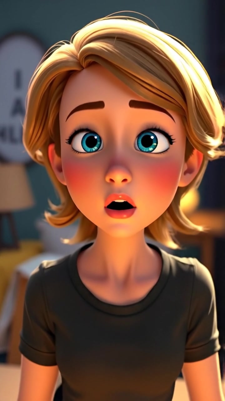 A 3D animated scene featuring Ashley with wide eyes, her expression full of surprise as she reacts to a sudden noise, illuminated by soft, natural lighting. The camera captures her face with a gentle dolly shot in a vivid, detailed environment. The background audio features subtle ambient sounds of the environment.