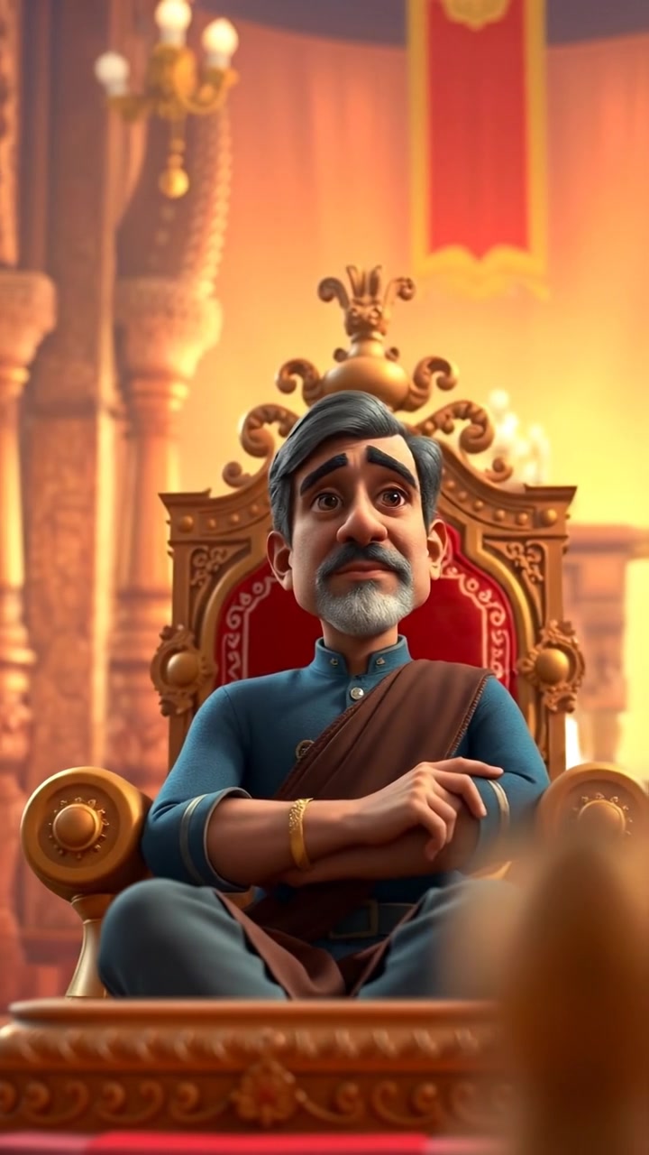 A 3D animation of Raj seated on an ornate throne within a grand royal court, exuding wisdom and contemplation. The scene features natural lighting, intricate details, and smooth camera movements capturing the regal ambiance. The background audio features soft murmurs and ambient court sounds.