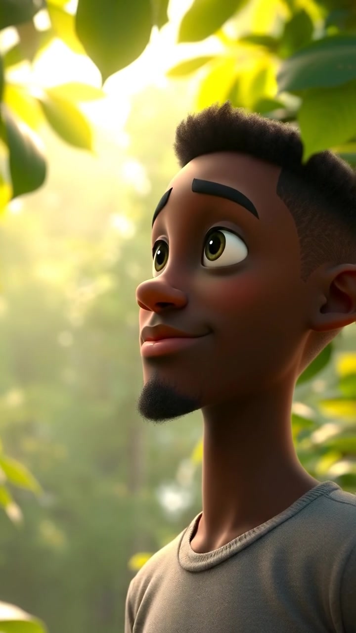 A close-up of Isaiah in a lush green forest, sunlight filtering through leaves, rendered in vibrant 3D animation style with natural lighting, high detail, and smooth camera movement. The atmosphere is serene with soft shadows. The background features gentle forest sounds.