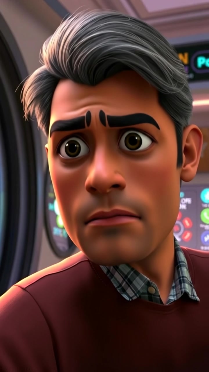 A close-up of Raj in 3D animation style showing a worried expression and doubt, captured with soft cinematic lighting and smooth camera focus. The background is subtly blurred to emphasize facial emotion, with warm tones and gentle shadows. The background audio features a tense, ambient hum.