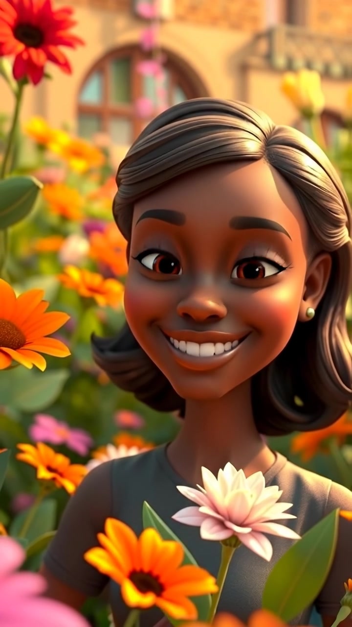 Close-up of Monique smiling in a vibrant village garden, surrounded by colorful flowers, soft natural lighting, high detail, smooth camera focus on her joyful expression. The style is 3D animation with gentle camera motion, capturing a warm and lively atmosphere. The audio features cheerful nature sounds and birdsong.