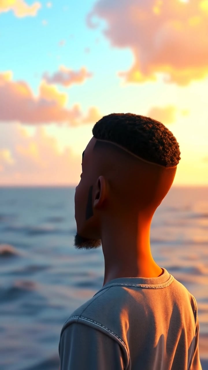 A 3D animated character named Isaiah gazes thoughtfully toward the horizon over a vast ocean, with warm ambient lighting, smooth camera dolly shot emphasizing his reflective mood, detailed seaside background with gentle waves, soft shadows under an overcast sky. The audio features calming ocean waves in the background.
