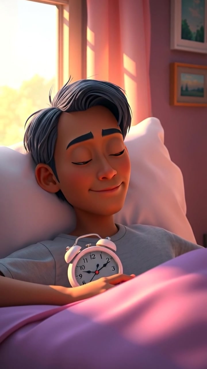 A 3D animated scene of Hiro in bed, half asleep with gentle sunlight streaming through the window, casting warm tones and soft shadows. Smooth camera movement captures the tranquil morning atmosphere, with an alarm clock showing 8:00 AM in the background. The audio features soft morning bird chirping.