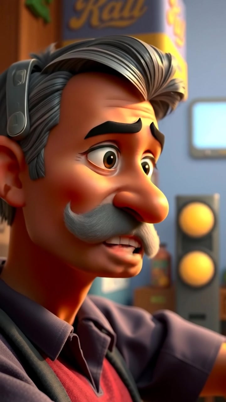 A 3D animation of Raj, captured in high detail with natural lighting, expressing a sigh of amusement and exasperation while shaking his head gently. The scene features smooth camera movement focusing on his facial expressions, set against a neutral background. The audio features soft ambient sounds of a bustling environment.