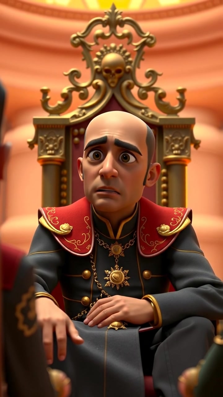 Carlos seated on a majestic throne in a grand hall, with a worried and perplexed expression, addressing his advisors. The scene features detailed 3D animation with warm lighting and soft shadows, capturing a tense political moment. The background audio features a subtle, dramatic orchestral score.