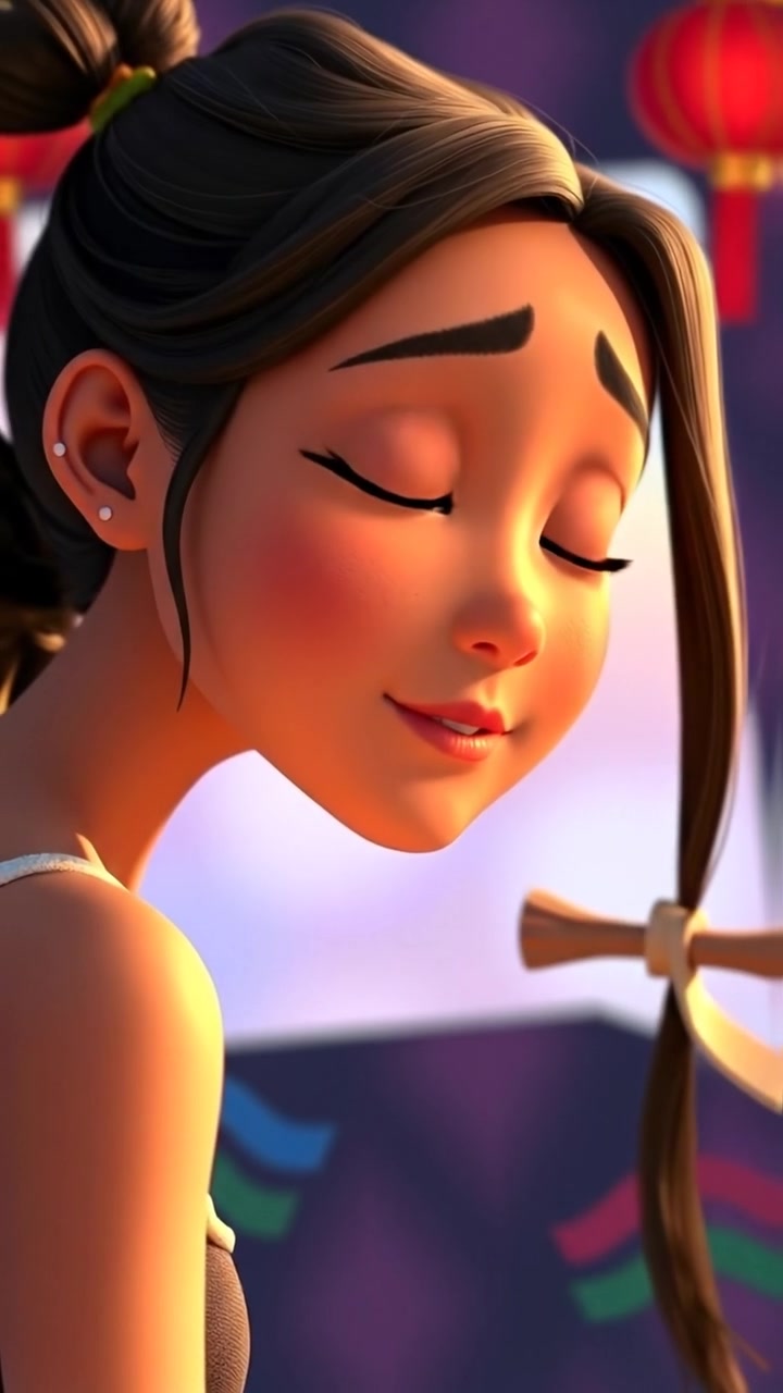 A 3D animated scene of Mei nodding slowly with tears in her eyes, conveying emotional vulnerability. Shot with soft, warm lighting and smooth camera movement that emphasizes her expressions. The background is subtly blurred to focus on her face. The audio features gentle ambient music.
