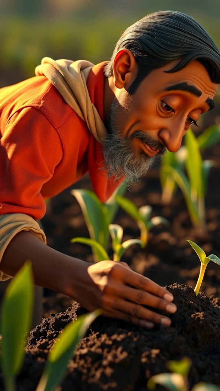 A 3D animated scene of Raj planting seeds in a lush field, focusing intensely on the earth cradled between his hands. Natural sunlight bathes the scene with warm tones, with smooth camera movement emphasizing his delicate actions and the textured soil. The background features gentle countryside sounds.
