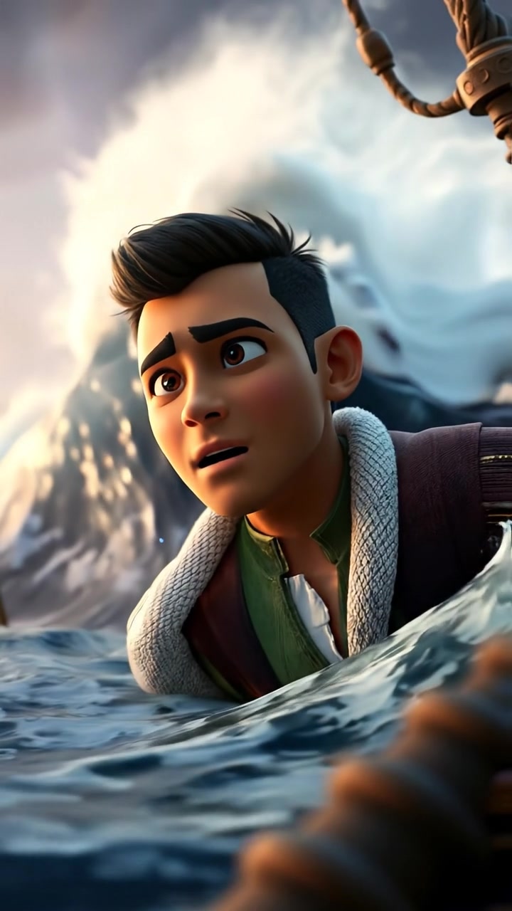 A 3D animated scene of a fierce storm at sea, with crashing waves tossing Amir’s ship amidst dark, ominous clouds and swirling wind. The camera captures a dynamic dolly shot with natural, moody lighting and high detail. The background audio features thunder and turbulent ocean sounds.