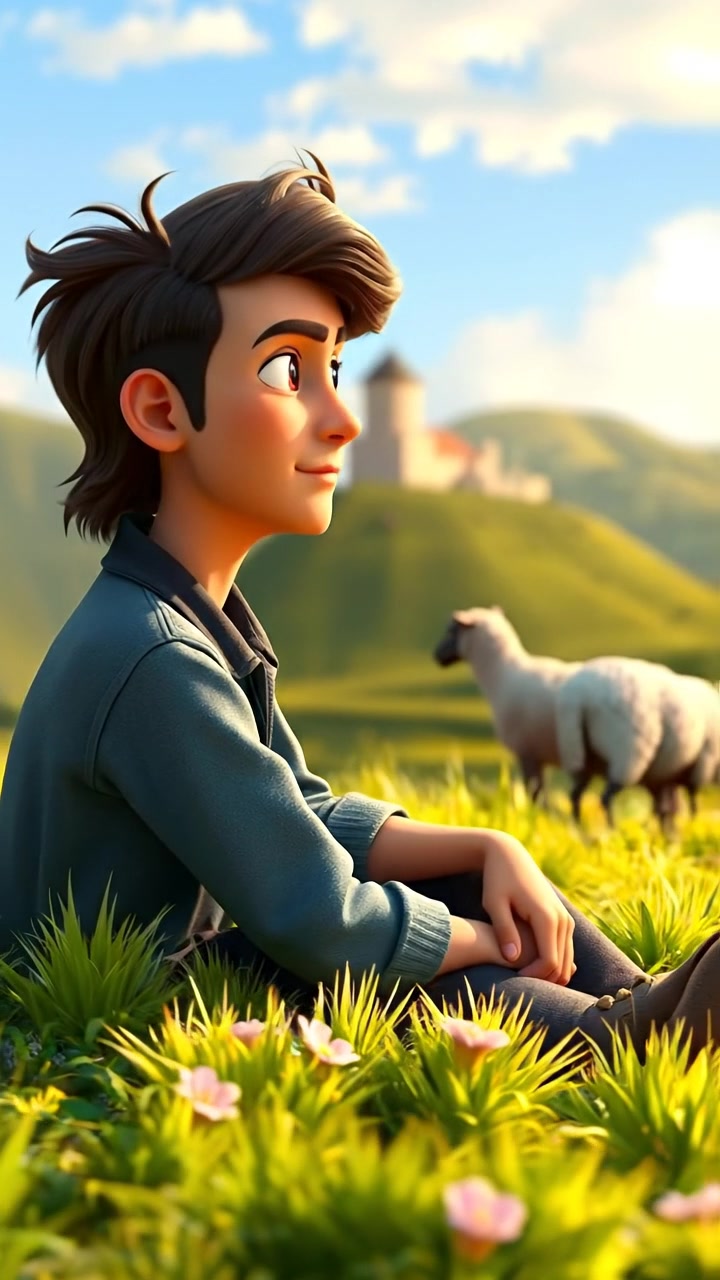 A close-up of Mateo sitting contemplatively on a lush grassy hill with gentle sheep grazing nearby, rendered in vibrant 3D animation style, soft natural lighting, high detail, smooth camera dolly shot capturing serene countryside ambiance. The audio features distant sheep bleats and gentle wind.