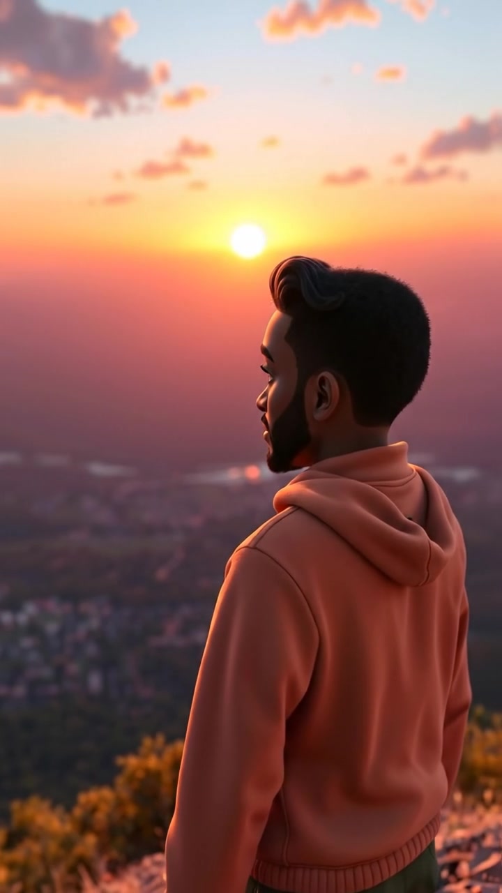 A 3D animated scene featuring Isaiah standing on a hilltop, gazing over a vast landscape at sunset. The scene is bathed in warm, golden tones with soft shadows, captured with smooth camera motion and high detail. The background features a sprawling landscape under a vibrant sunset sky. The audio features gentle wind sounds and distant bird calls.