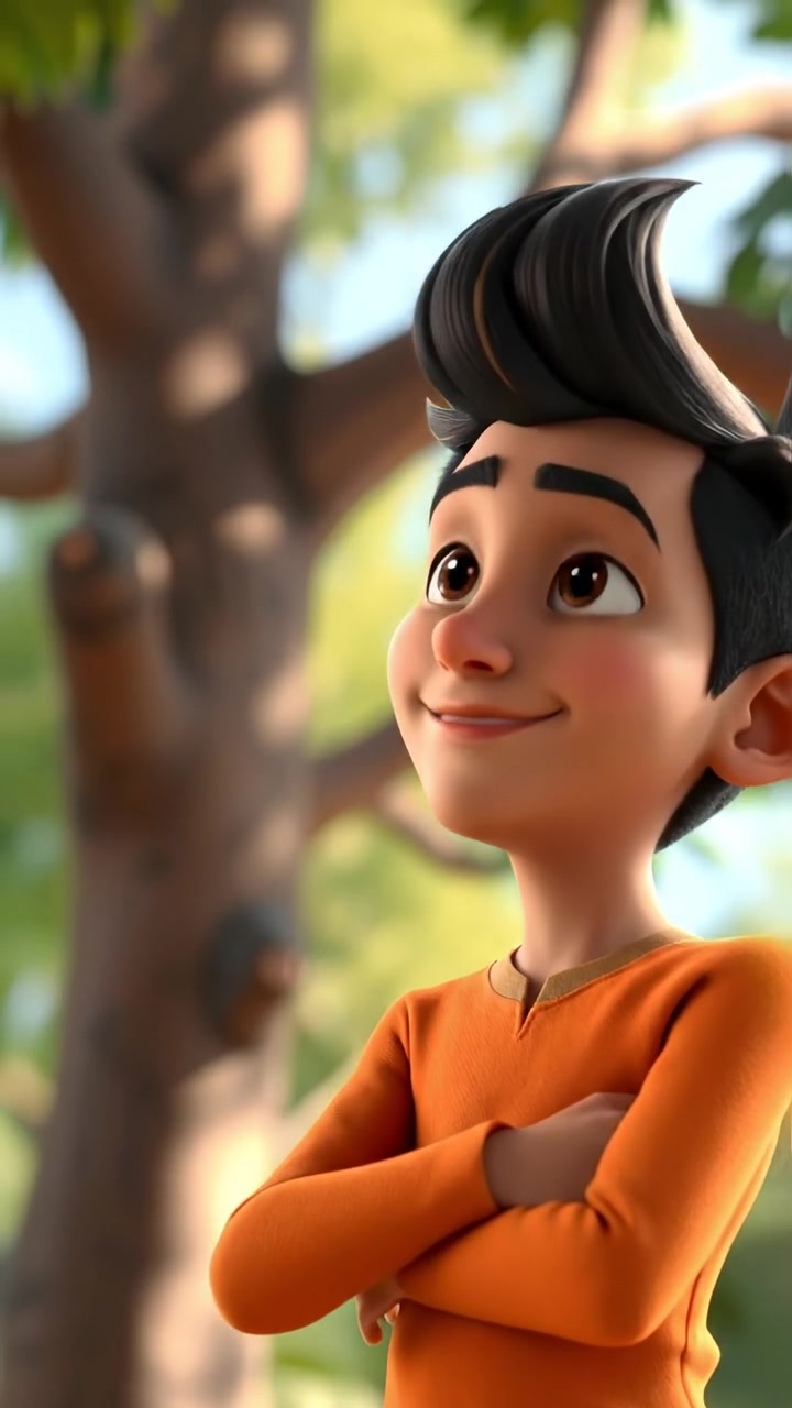 A 3D animated scene of Arjun standing under a lush tree, wearing a mischievous grin and deep in thought. Soft sunlight filters through the leaves, casting gentle shadows and highlighting detailed textures. The camera slowly zooms in with smooth motion, creating a warm, inviting atmosphere. The audio features subtle wind sounds and distant bird calls.