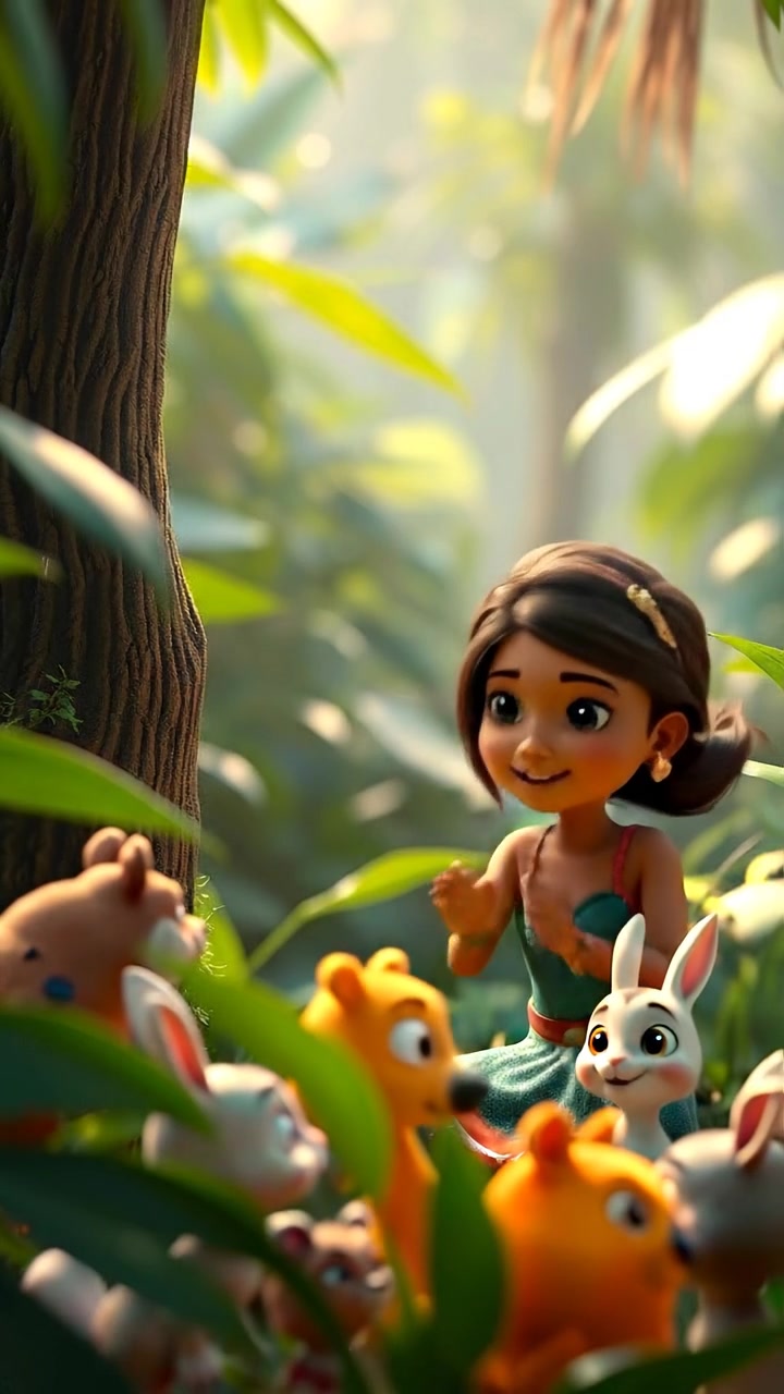 A 3D animation scene of Priya playing exuberantly in a vibrant jungle, interacting joyfully with curious animals amidst lush, detailed greenery under warm, natural lighting. Smooth camera movement captures the lively environment, with soft shadows enhancing depth. The background features the sounds of exotic jungle fauna.