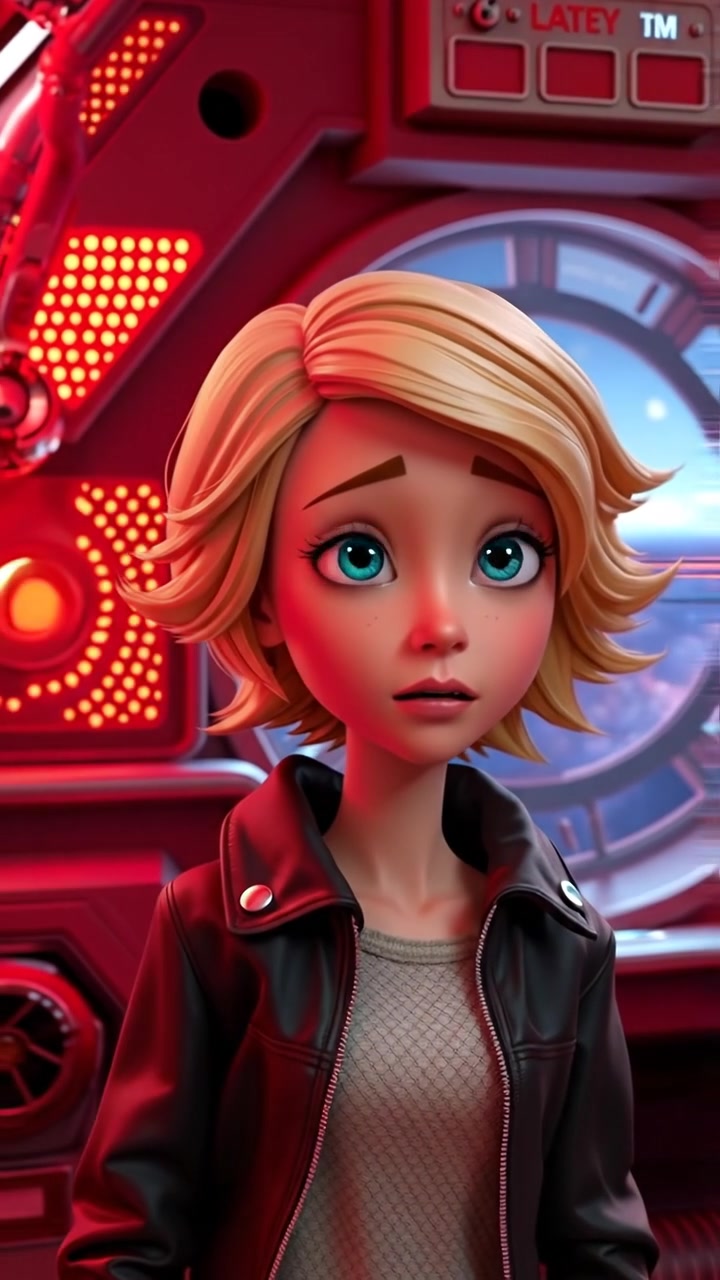 A 3D animation of Ashley inside a spaceship, with flashing red alarm lights casting intense reflections on her face. The scene features high detail, smooth camera movement, and a tense atmosphere under harsh, flickering lighting. The background audio features sirens and alarm sounds emphasizing urgency.