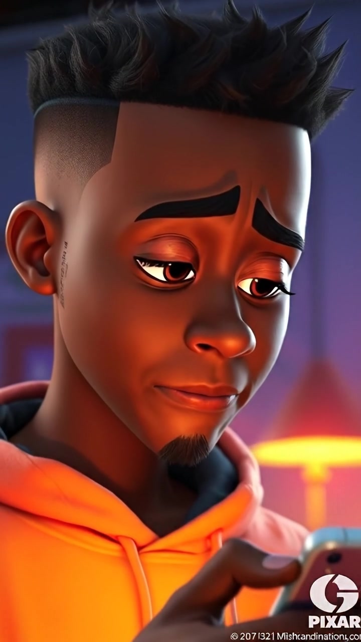 A 3D animation of Isaiah gazing at his old phone with a disappointed expression, illuminated by soft, natural lighting, capturing detailed facial expressions and subtle emotional cues. Smooth camera movement emphasizes his face and the phone. The background features a blurred, neutral environment. The audio features quiet ambient city sounds.
