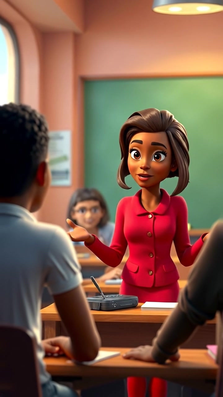 A 3D animation scene depicting Monique passionately leading a classroom discussion, surrounded by engaged classmates. The setting is brightly lit with natural sunlight streaming through windows, high detail, smooth camera movements capturing the lively atmosphere. The background features a modern classroom with educational posters. The audio features gentle classroom ambiance with soft murmurs and page turning sounds.